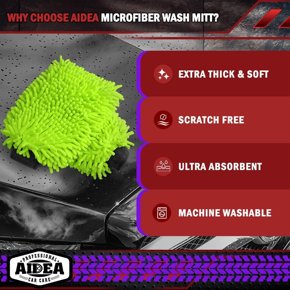 Car Wash Mitt Microfiber, 2Pk-Scratch & Lint Free, Premium Chenille Microfiber Wash Mitt-Green Regular Size (7.12''X10.14'')