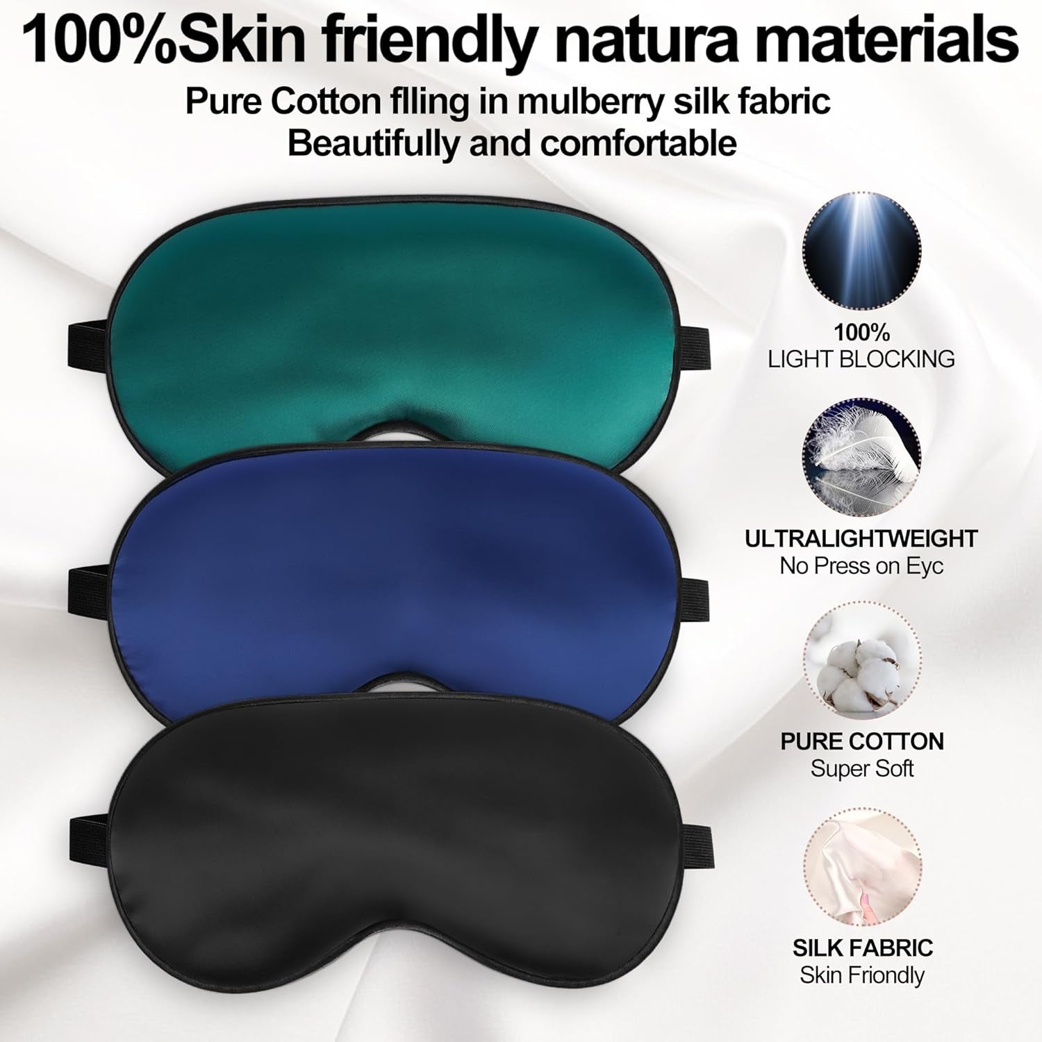 Sleep Mask, Silk Eye Mask for Sleeping with Adjustable Strap, Satin Blackout Sleeping Eye Mask for Men&Women, Comfortable Blindfold Eyeshade for Night Sleep (Black,Blue,Green)