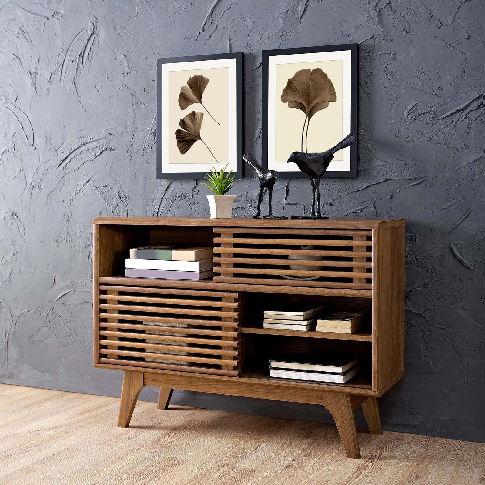 Render Modern Style Particleboard Wood Display Stand in Walnut